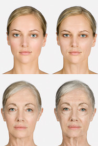 Eine Frau in vier verschiedenen Altersstufen, von 20, 40, 60 und 80 Jahren. 